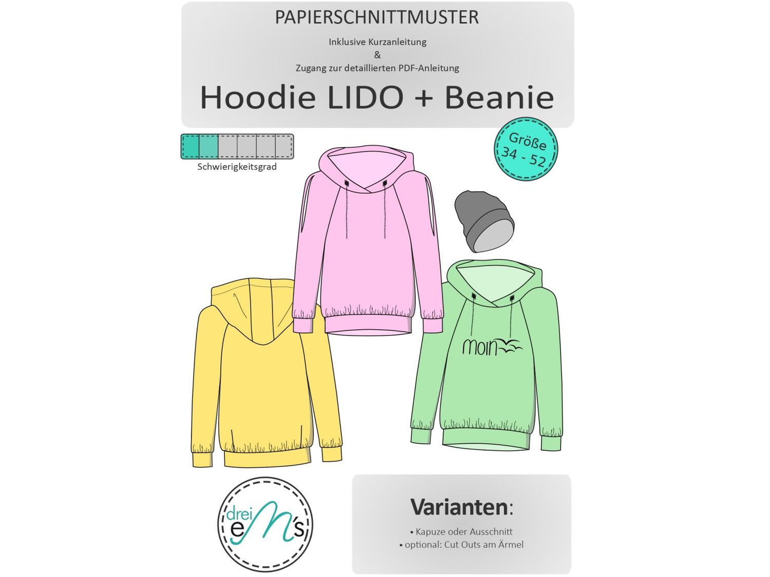 Papierschnittmuster Hoodie LIDO Gr. 34-52 inkl. Hipster Beanie