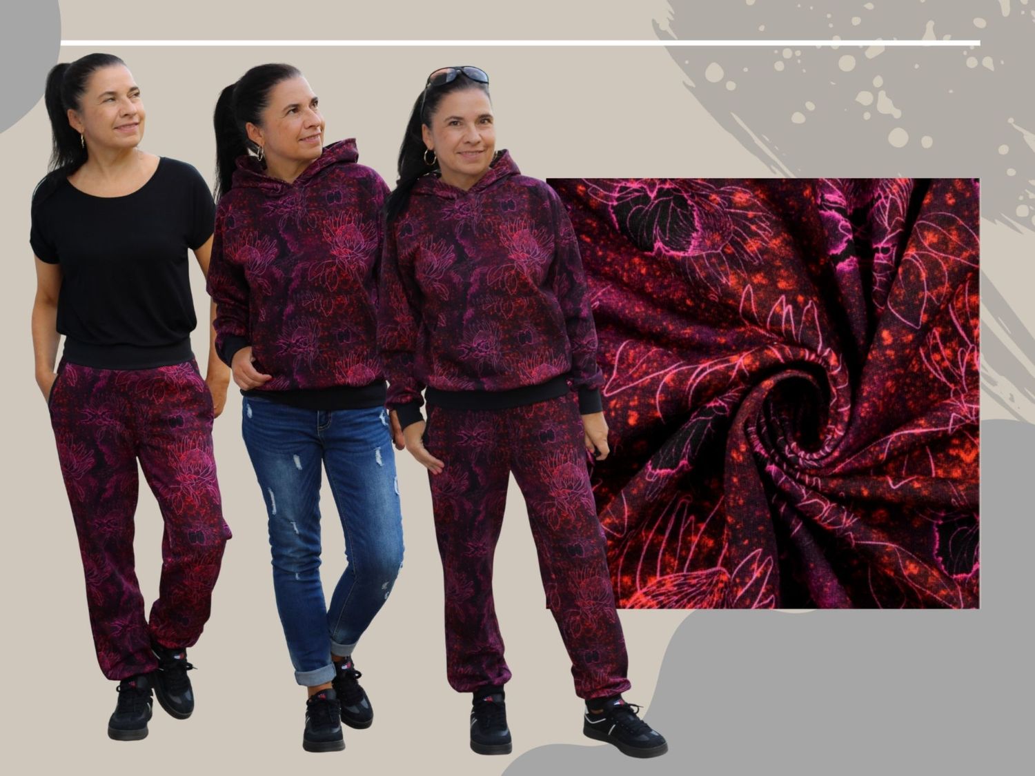 NÄHPAKET Hose MOENA oder ISERNIA + Hoodie MELFI oder GONI Sweat angeraut gemustert