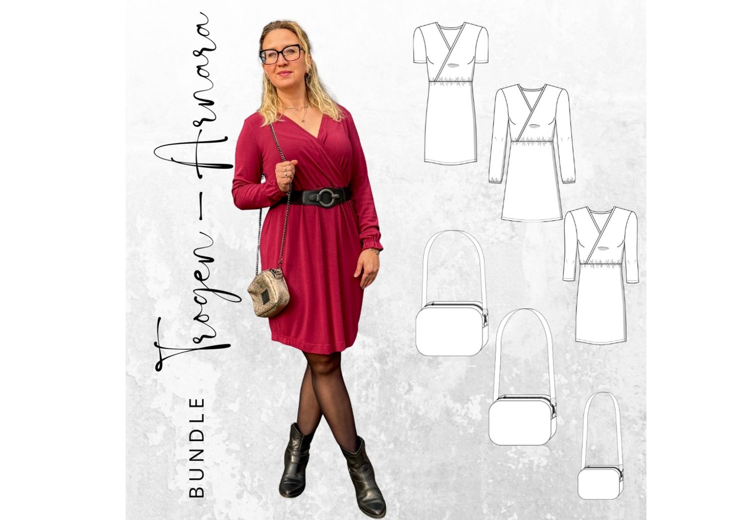 BUNDLE Schnittmuster PDF Ebook Kleid  ARNARA Gr. 34-54 +Tasche TROGEN