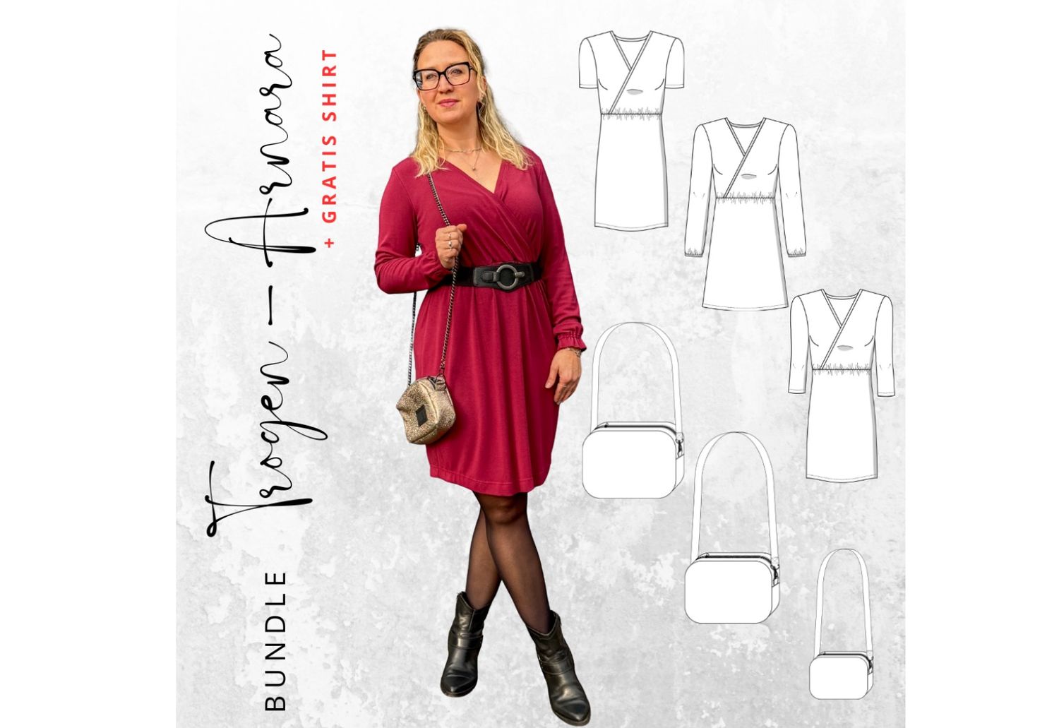 BUNDLE Schnittmuster PDF Ebook Kleid  ARNARA Gr. 34-54 +Tasche TROGEN + GRATIS Shirt ARNARA