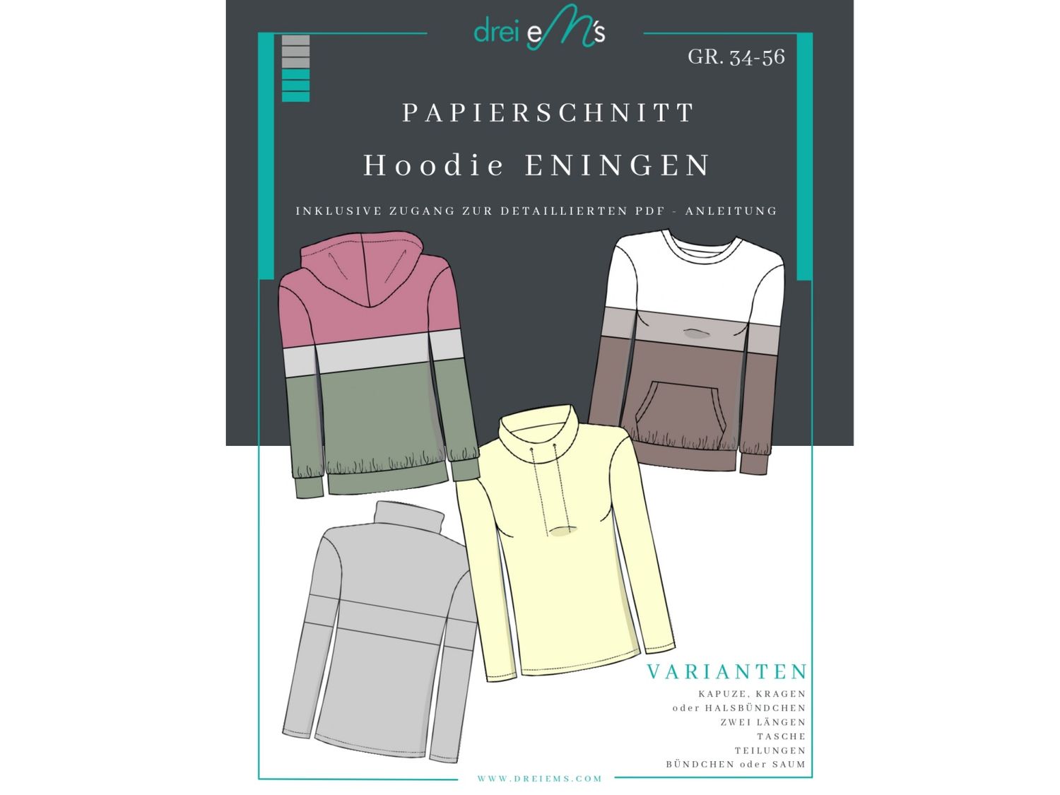 Papierschnittmuster Colorblocking Hoodie ENINGEN Gr. 34-56