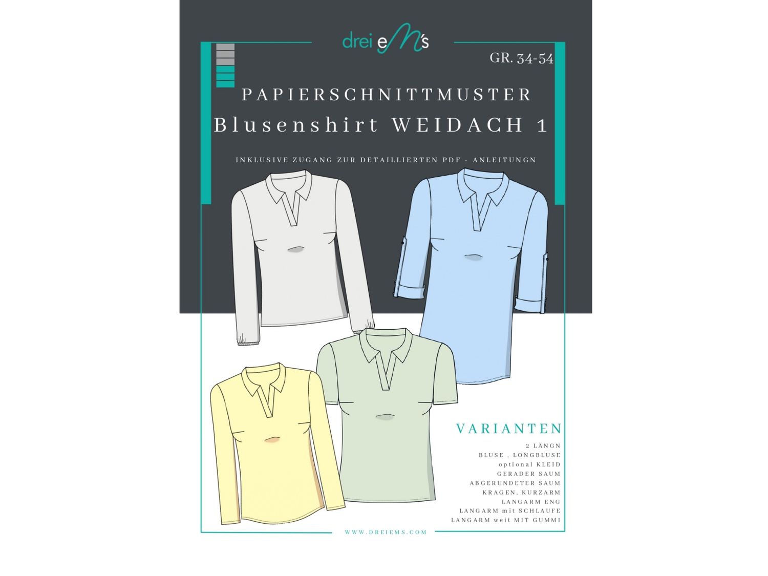 Papierschnittmuster Blusenshirt WEIDACH 1 - Webware -Gr. 34-54 + Videoanleitung