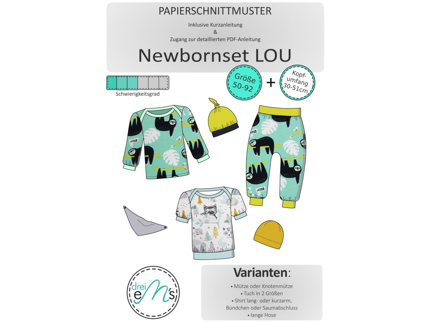 Papierschnittmuster Newborn-Set LOU Gr. 50-92