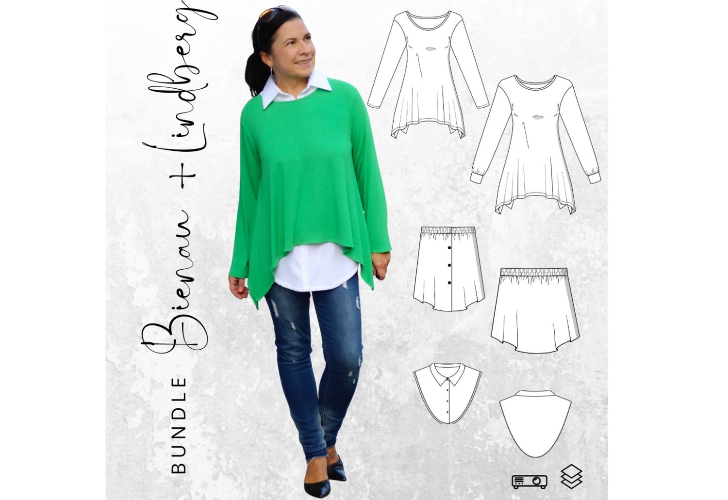 Bundle Schnittmuster Zipfelshirt BIENAU Gr. 32-56 + Blusenrock LINDBERG + Blusenkragen LINDBERG