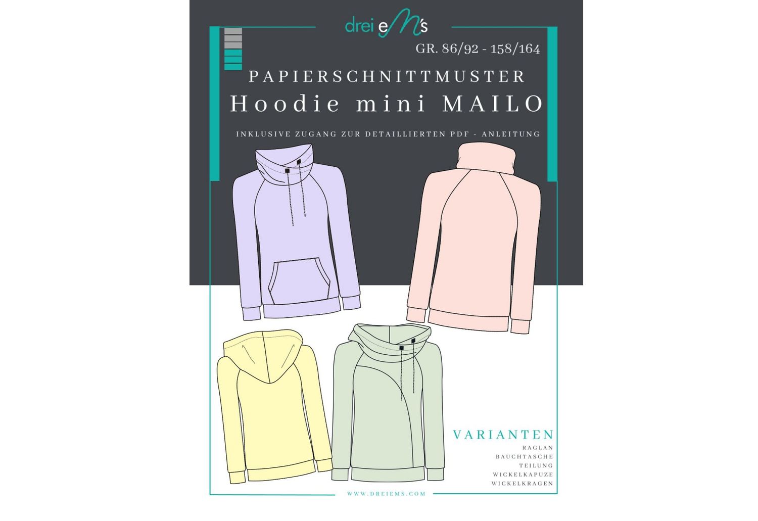 Papierschnittmuster Raglanhoodie  mini MAILO 86/92- 158/164