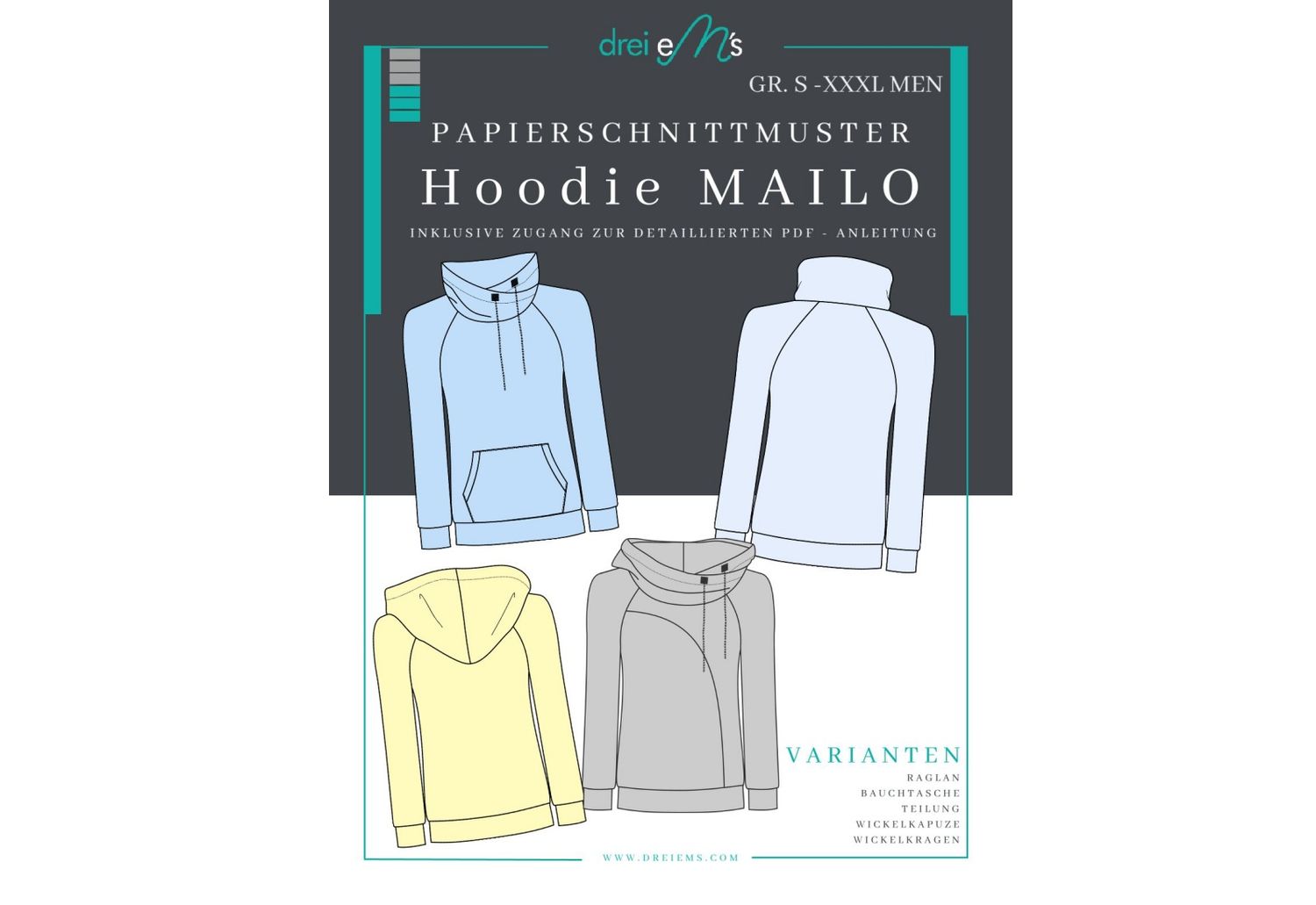 Papierschnittmuster Raglanhoodie MAILO Gr. S-XXXL