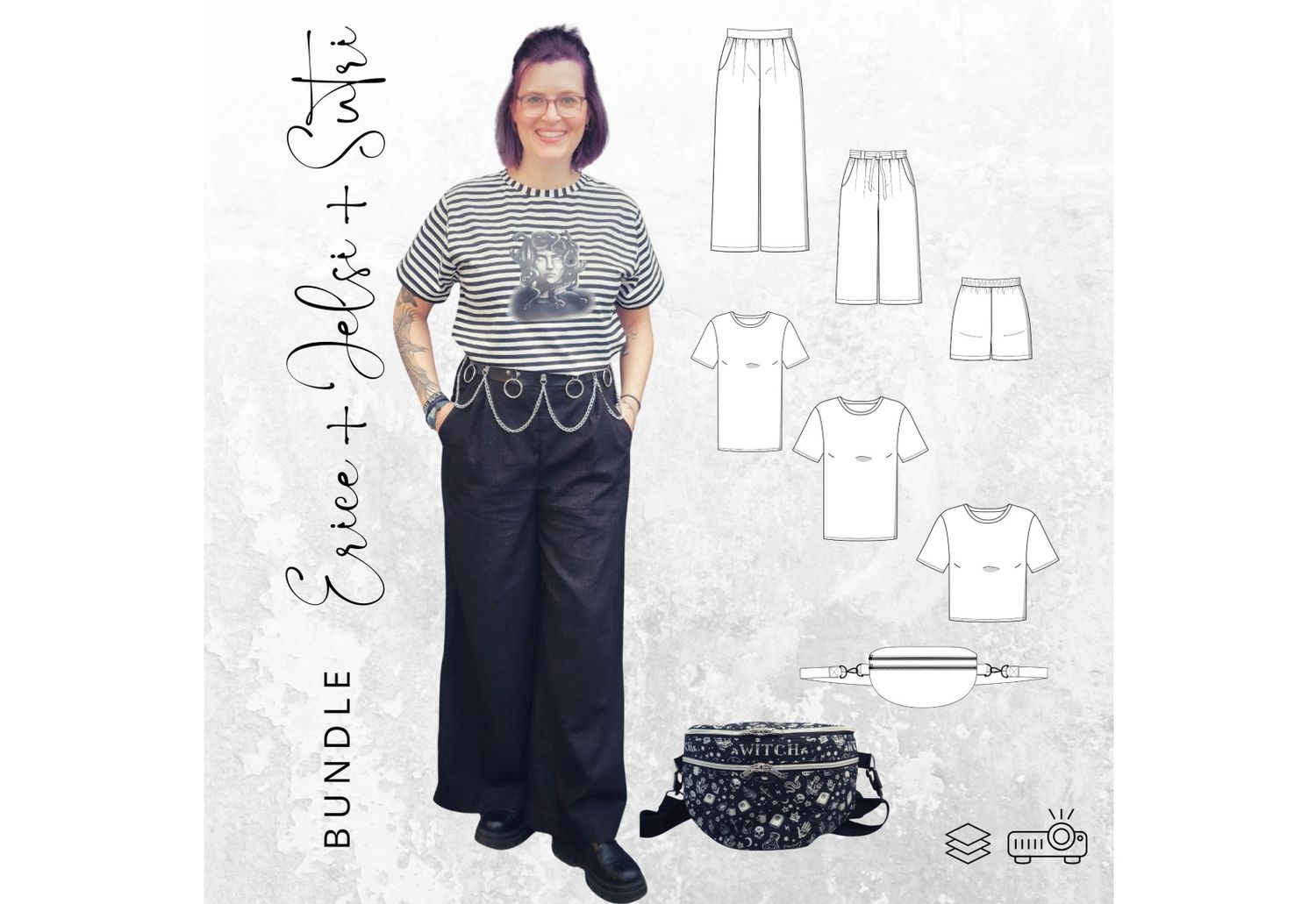 BUNDLE Schnittmuster PDF Ebook Shirt JELSI Gr. 34-54 + Hose ERICE Gr. 32-56+ FunnyPack SUTRI