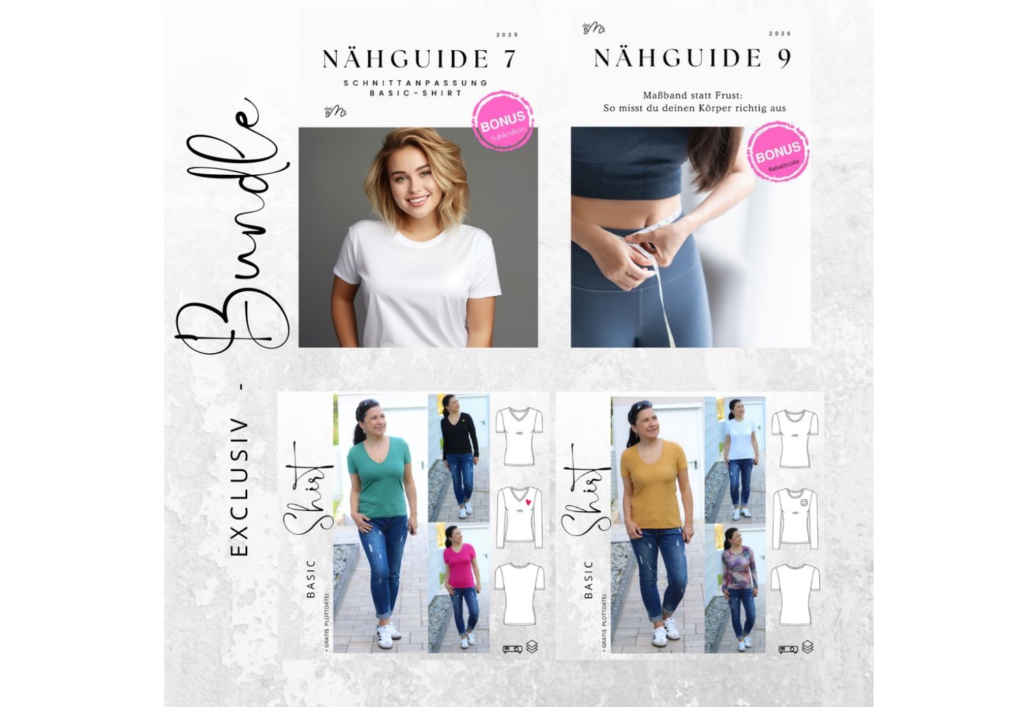 XL-Bundle - PDF- NÄHGUIDE 7 Schnittanpassung Shirt  +  NÄHGUIDE 9  Maßband statt Frust + Kombi-Ebook Basic Shirt 1&amp;2  Bonus