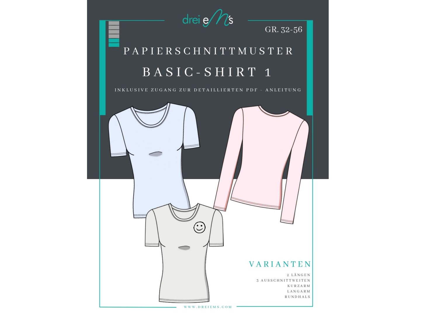 Papierschnittmuster Basic Shirt Nr.1 Rundhals  Gr. 32-56 + gratis Plottdatei