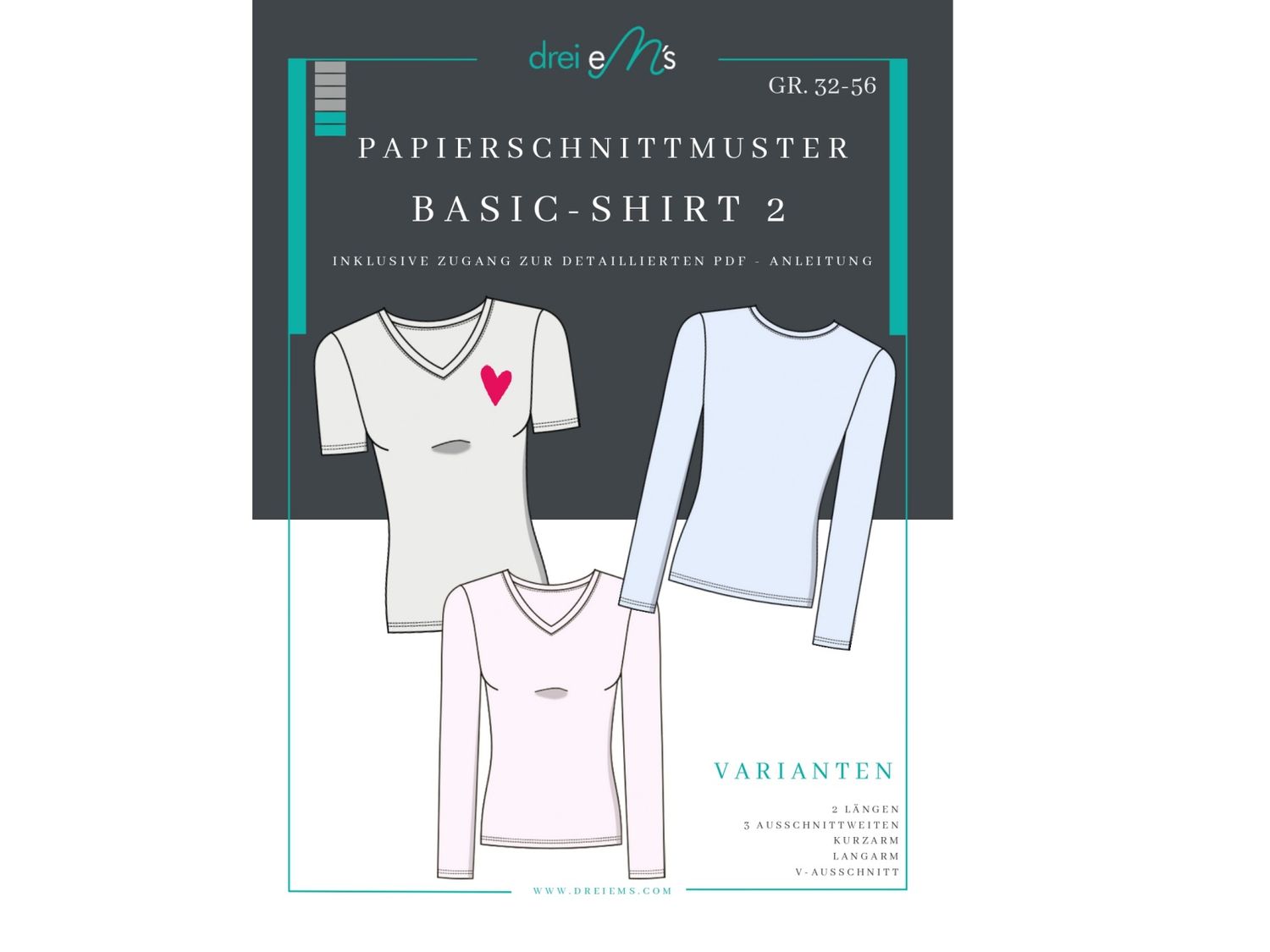 Papierschnittmuster Basic Shirt Nr.2 V-Ausschnitt Gr. 32-56 + gratis Plottdatei