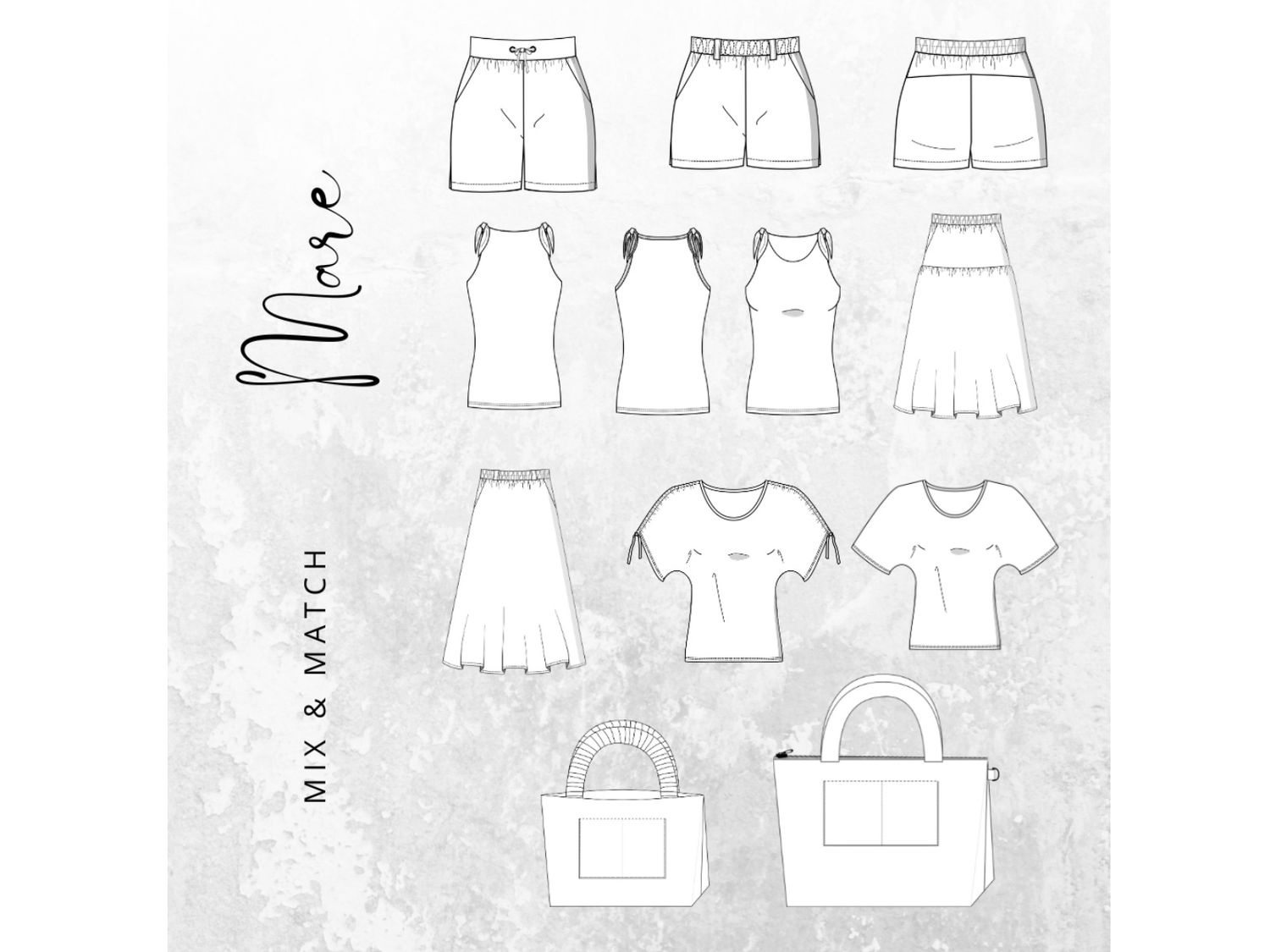 MIX &amp; MATCH  Schnittmuster PDF Ebook Top DORIO + Shorts SCANNO + Shirt FARNIA + Rock VALENTANO + Shopper SUTRI