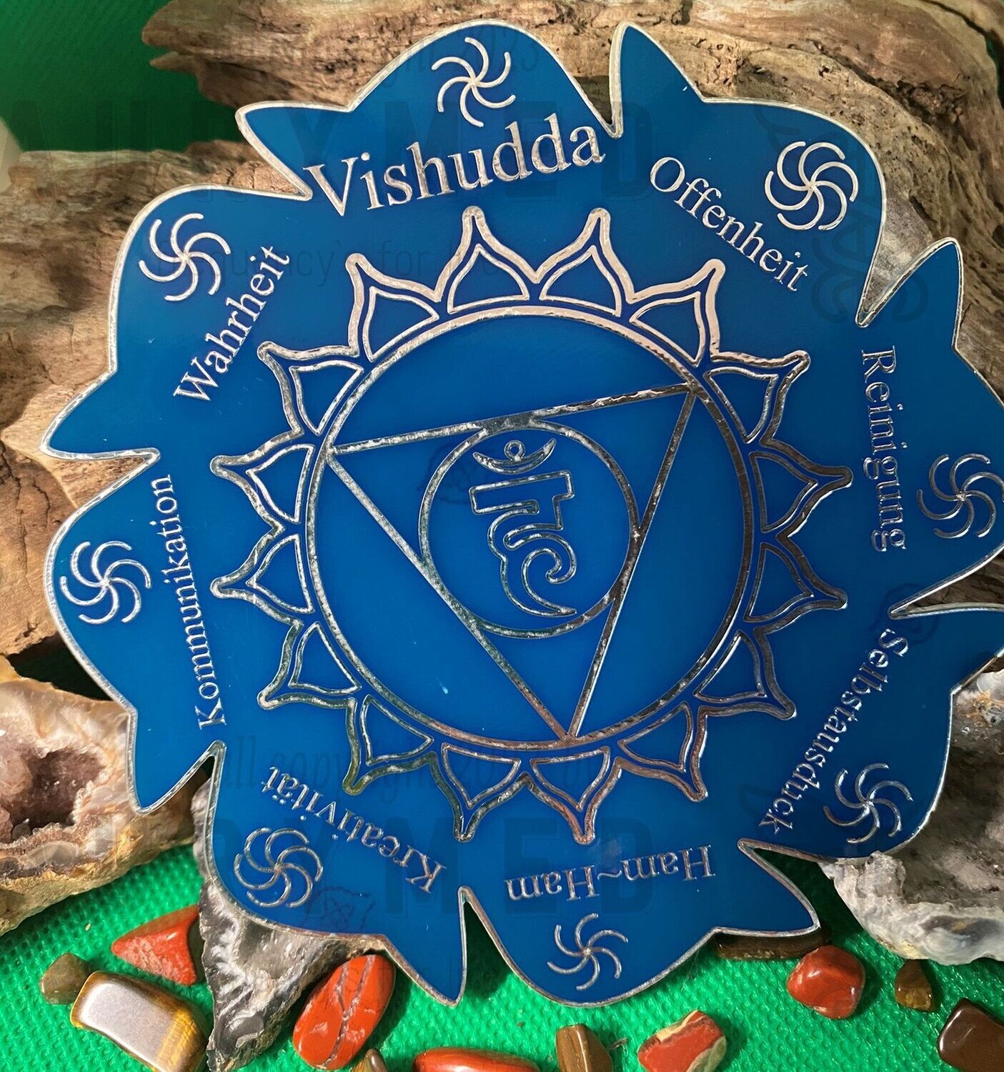 Chakren Wheel Hals, blau, ca. 114x114 mm, doppelseitig, Zinn legiert, Kupfer unterlegt