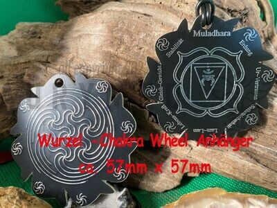 Chakren Anhänger Wheel Wurzel, schwarz, ca.57x57 mm, Zinn legiert, doppelseitig, Kupfer unterlegt Chakren Anhänger Wheel Wurzel, schwarz, ca.57x57 mm, Zinn legiert, doppelseitig, Kupfer unterlegt