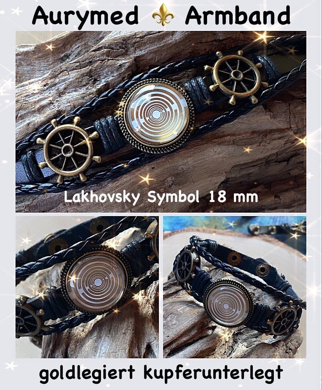 Armband-mehrsträngig, Schiffslenkrad, schwarz, Symbol Lakhovsky MWO Schwingkreis Oszialltor Antenne (stromlos), weiße Disc gold legiert + Kupfer unterlegt ca. 18 mm hinter Glas,Druckknopf Verschluss