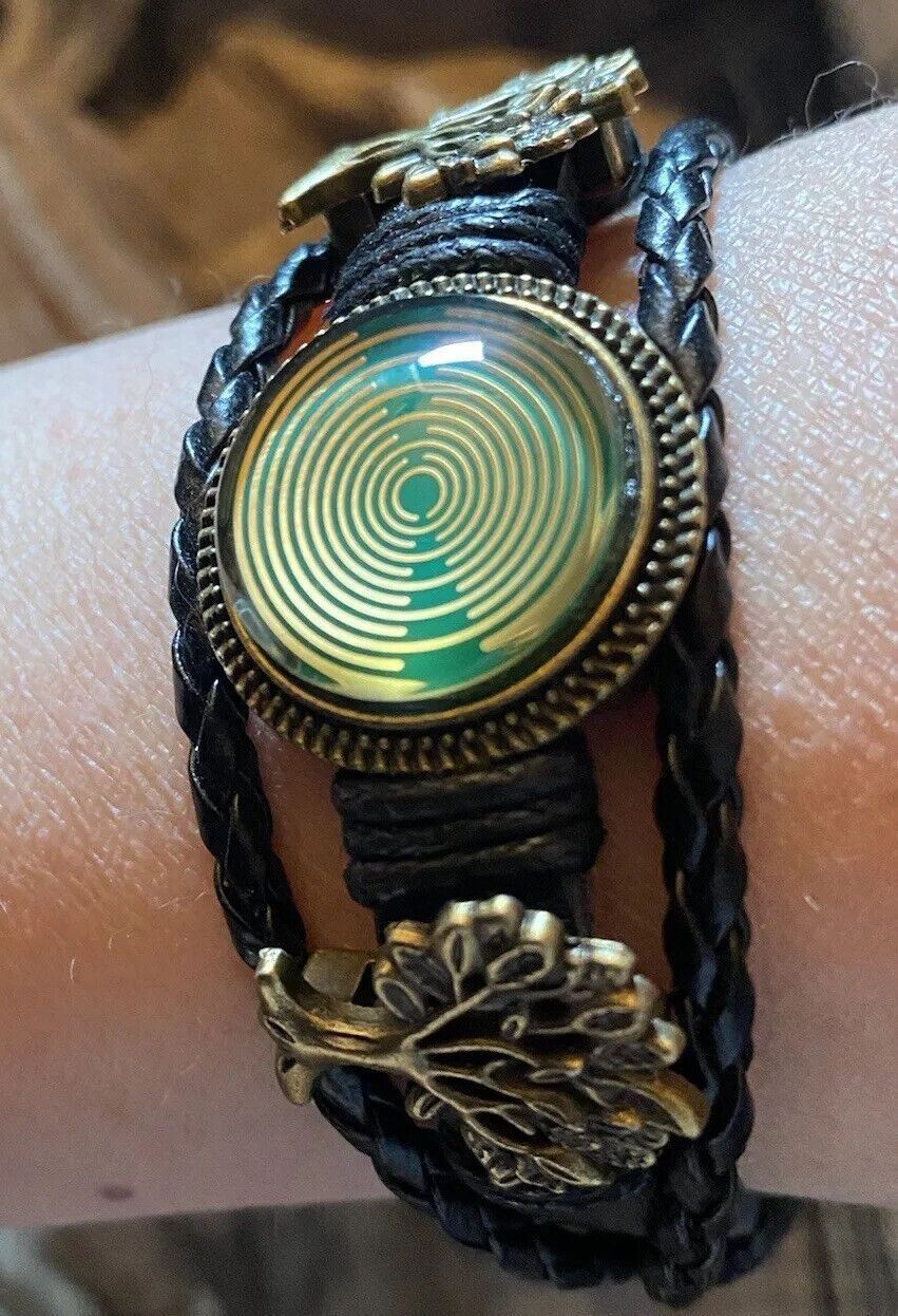 Armband-mehrsträngig, Baum des Lebens, schwarz, Symbol Lakhovsky MWO Schwingkreis Oszillator Antenne (stromlos), grüne Disc gold legiert + Kupfer unterlegt ca. 18 mm hinter Glas