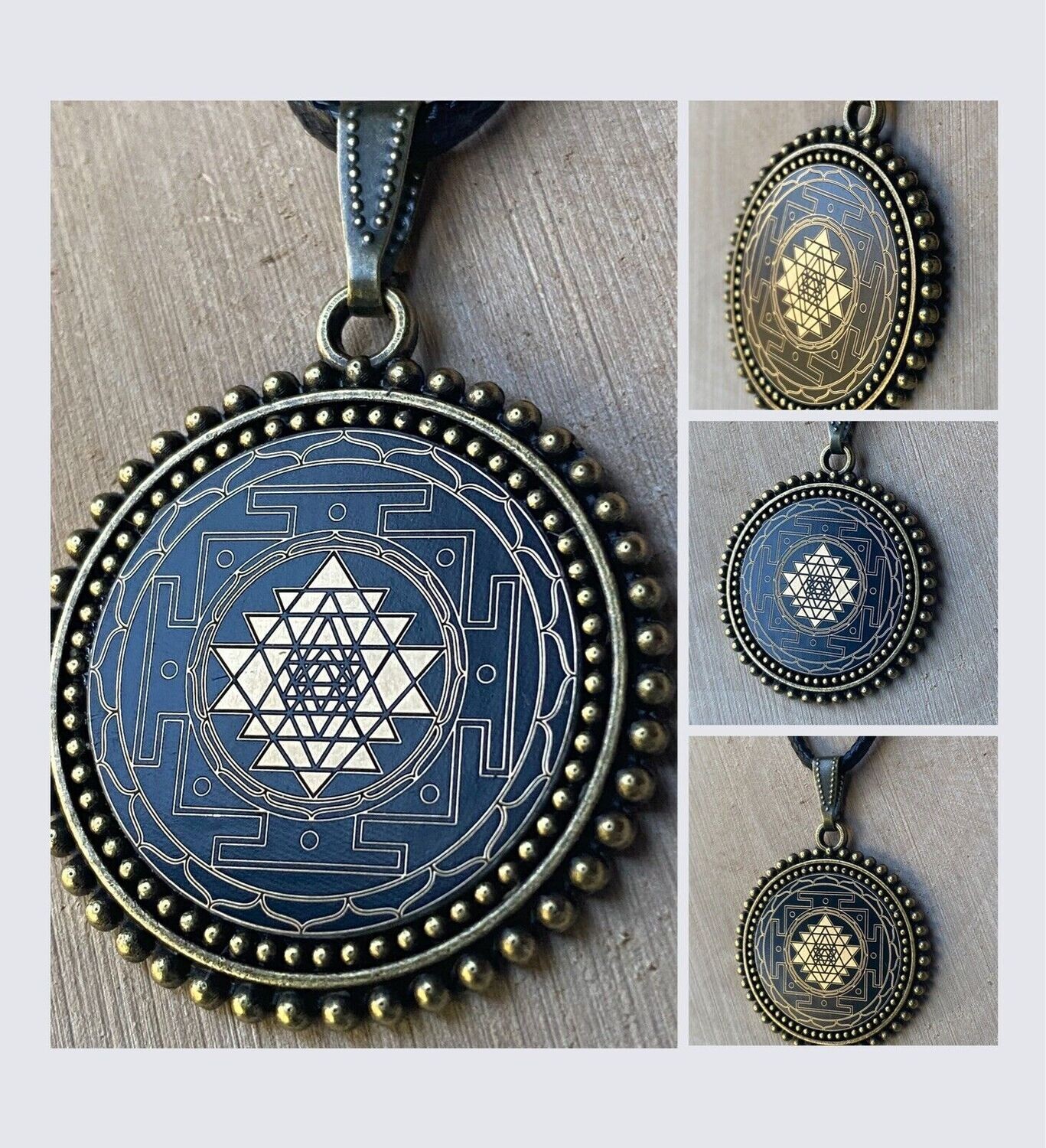 Amulette - Sri Yantra Symbol der heiligen Geometrie als nachtschwarzer ca. 25 mm großer Coin mit Goldlegierung in eine bronzefarbende Fassung eingearbeitet, Kupfer unterlegt