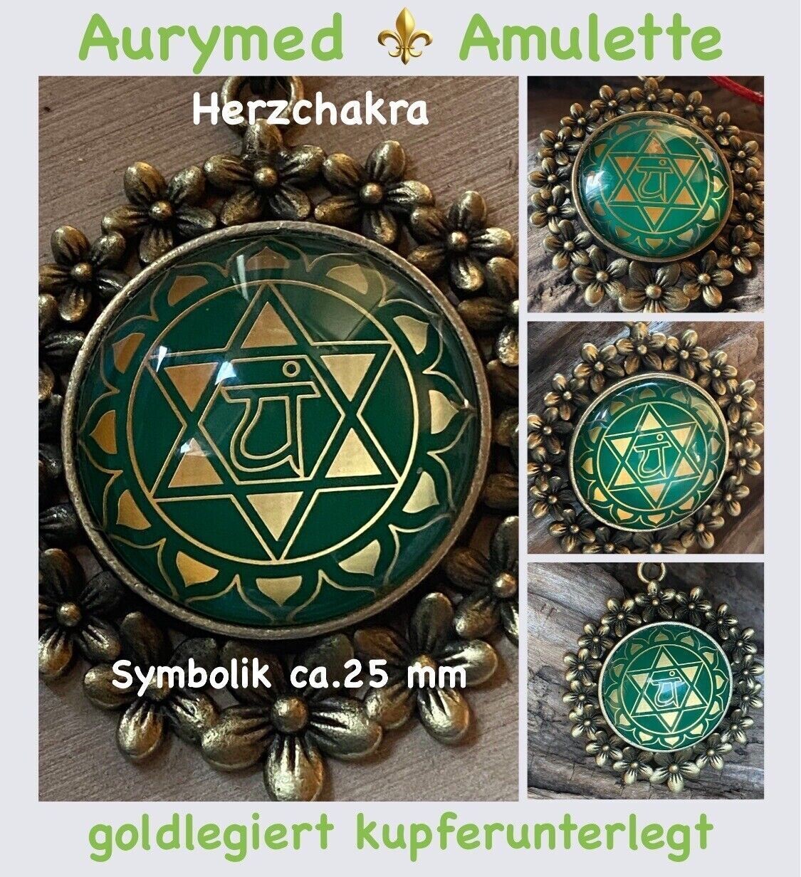 Amulette - Chakremy bronzefarbend, Herzchakra, Disc in grün hinter Glas mit ca.25 mm Durchmesser, Disc Gold legiert, Kupfer unterlegt