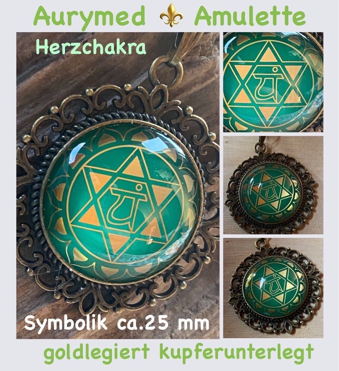Amulette Chakremy - bronzefarbend, Herzchakra, Disc hinter Glas in grün ca.25 mm Durchmesser, Disc Gold legiert, Kupfer unterlegt