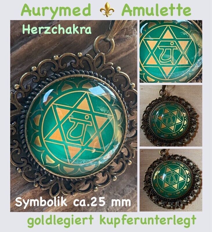 Amulette Chakremy - bronzefarbend, Herzchakra, Disc hinter Glas in grün ca.25 mm Durchmesser, Disc Gold legiert, Kupfer unterlegt Amulette Chakremy - bronzefarbend, Herzchakra, Disc hinter Glas in grün ca.25 mm Durchmesser, Disc Gold legiert, Kupfer unterlegt
