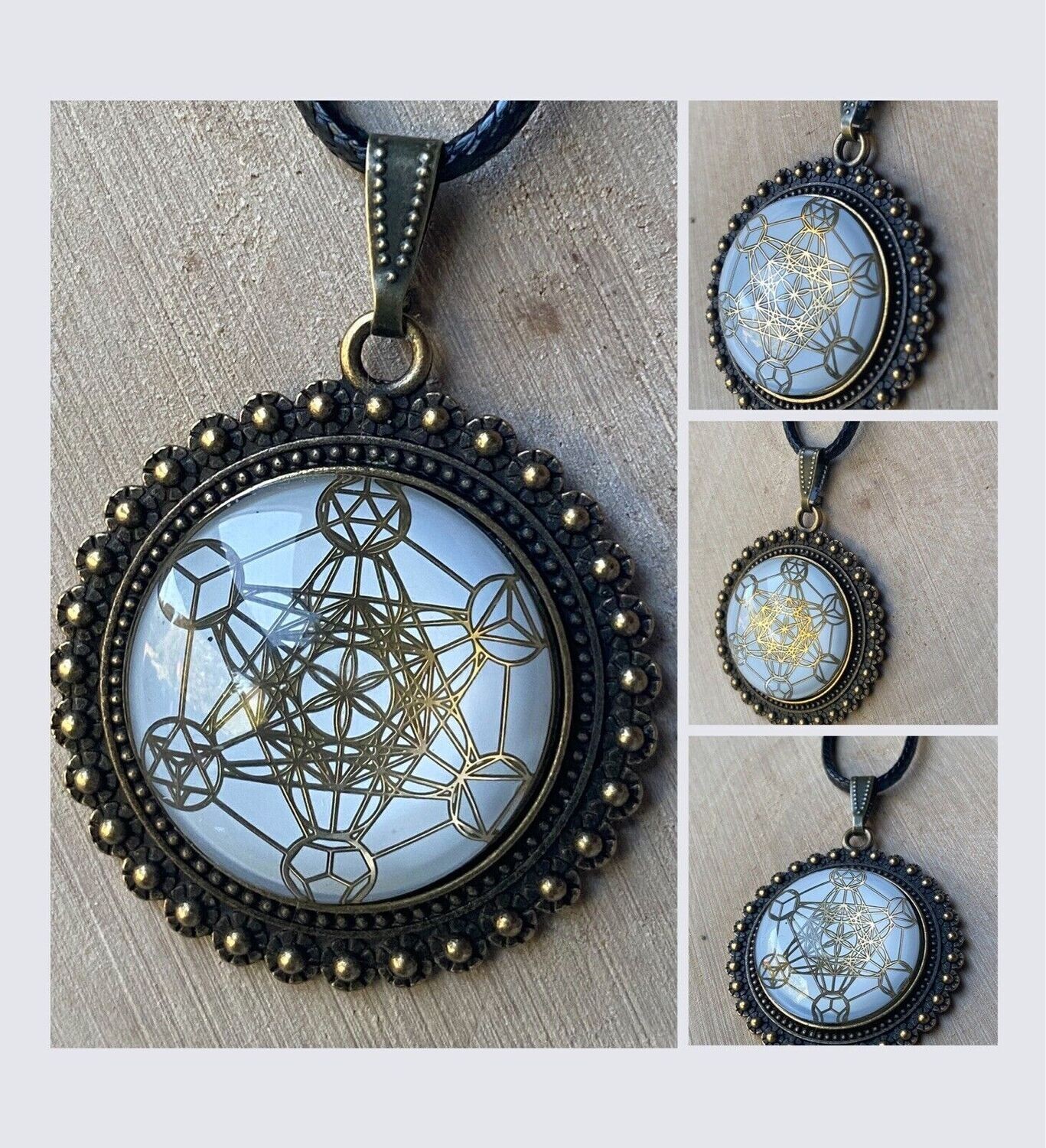 Amulette - bronzefarbend, Metatron mit den platonischen Körpern, Disc (hinter Glas) in weis mit ca.25 mm Durchmesser, Disc Gold legiert, Kupfer unterlegt