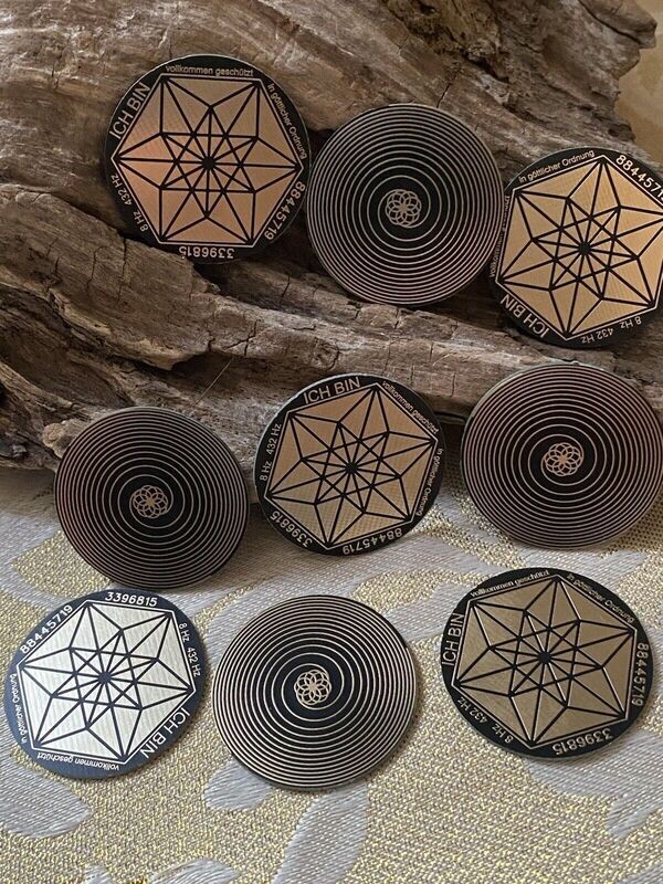 30 mm Disc - 6 er Set - Bifilar Spule (fermatsche Antenne) - Vector Equilibrium mit den Worten 30 mm Disc - 6 er Set - Bifilar Spule (fermatsche Antenne) - Vector Equilibrium mit den Worten "Ich bin" , doppelseitig, Symbolik Gold legiert, extra dünn