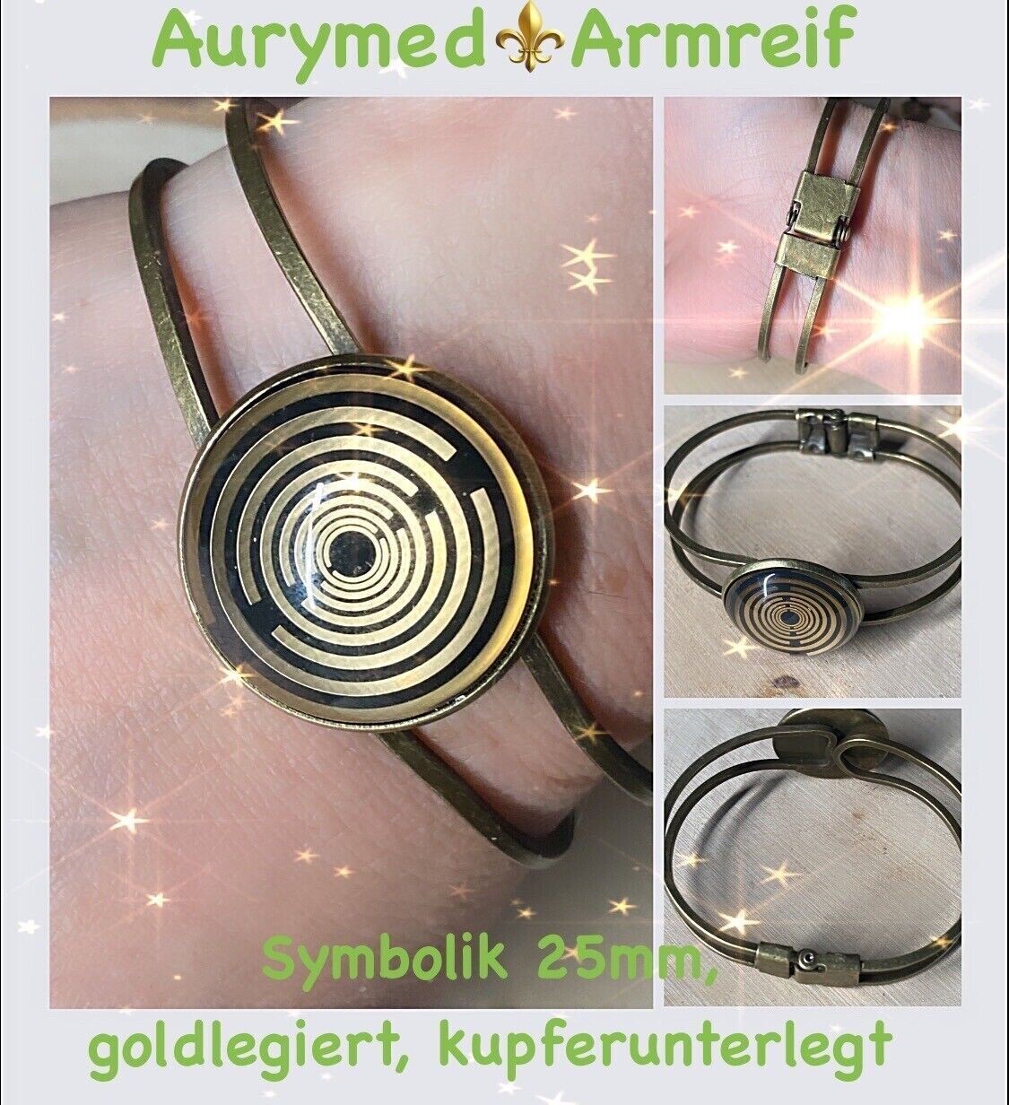 Armband - Lakhovsky MWO Antenne (stromlos) als nachtschwarzer ca. 25 mm großer Coin mit Goldlegierung in ein bronzefarbendes Schnapparmband eingearbeitet, Kupfer unterlegt