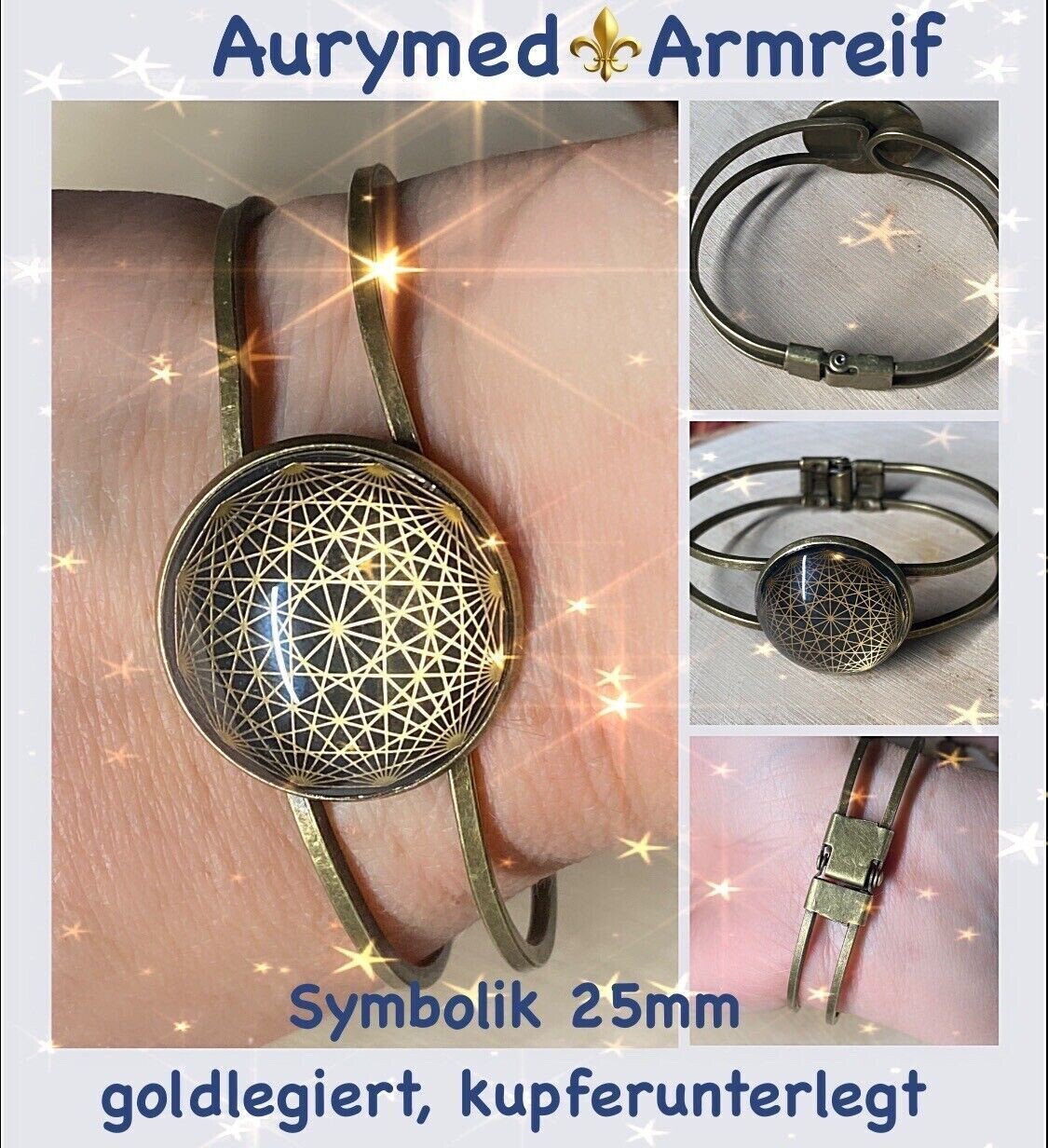 Armband - Dodecagram der heiligen Geometrie als nachtschwarzer ca. 25 mm großer Coin (ginter Glas) mit Goldlegierung in ein bronzefarbendes Schapparmband eingearbeitet, Kupfer unterlegt