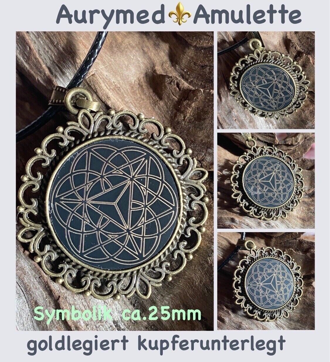 Amulette - bronzefarbend, Merkaba mit der Frucht des Lebens, Disc in schwarz mit ca.25 mm Durchmesser, Disc Gold legiert, Kupfer unterlegt