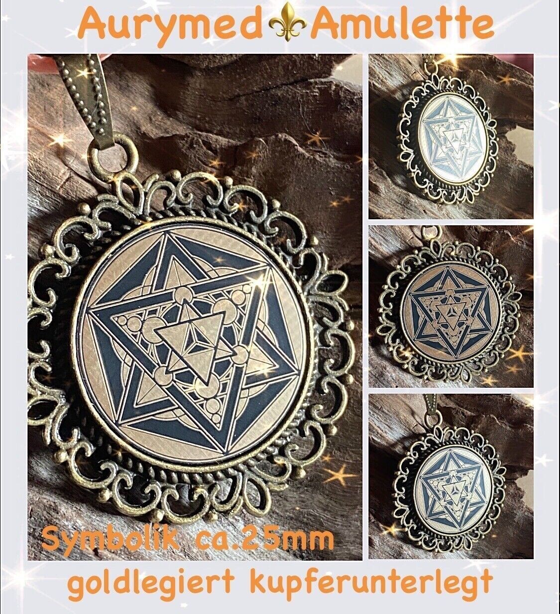 Amulette - bronzefarbend, Merkaba mit der Frucht des Lebens, Disc in schwarz mit ca.25 mm Durchmesser, Disc Gold legiert, Kupfer unterlegt