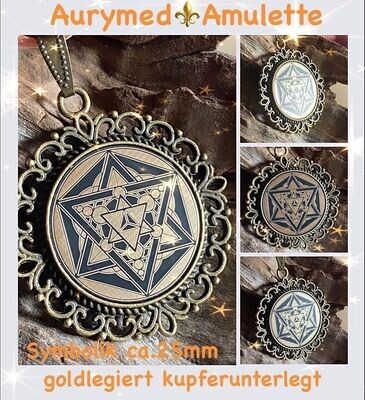 Amulette - bronzefarbend, Merkaba mit der Frucht des Lebens, Disc in schwarz mit ca.25 mm Durchmesser, Disc Gold legiert, Kupfer unterlegt Amulette - bronzefarbend, Merkaba mit der Frucht des Lebens, Disc in schwarz mit ca.25 mm Durchmesser, Disc Gold legiert, Kupfer unterlegt