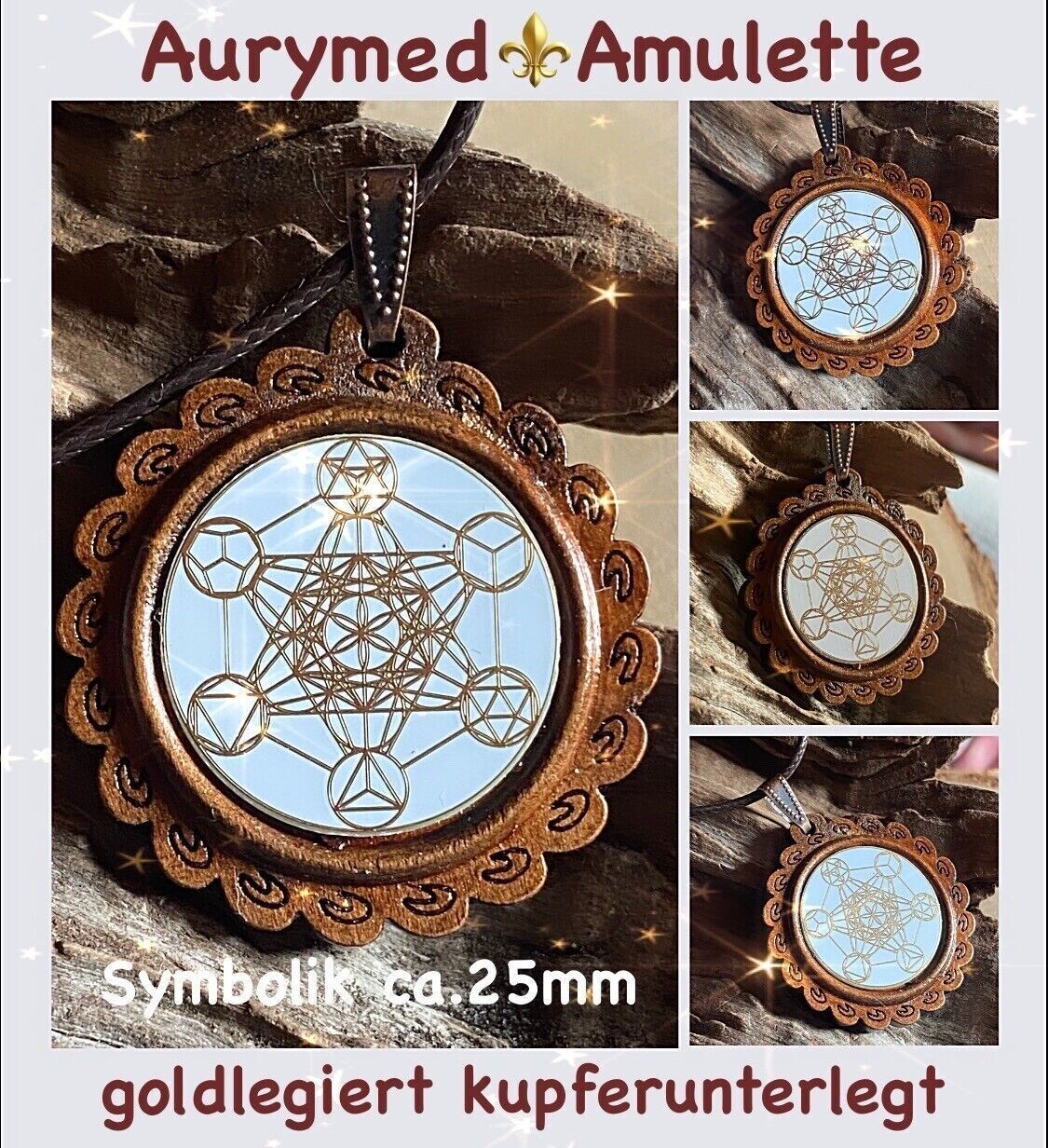 Amulette - Holzart, Metatron, platonische Körper, Disc weis ca.25 mm Durchmesser, Disc Symbol Gold legiert, Kupfer unterlegt