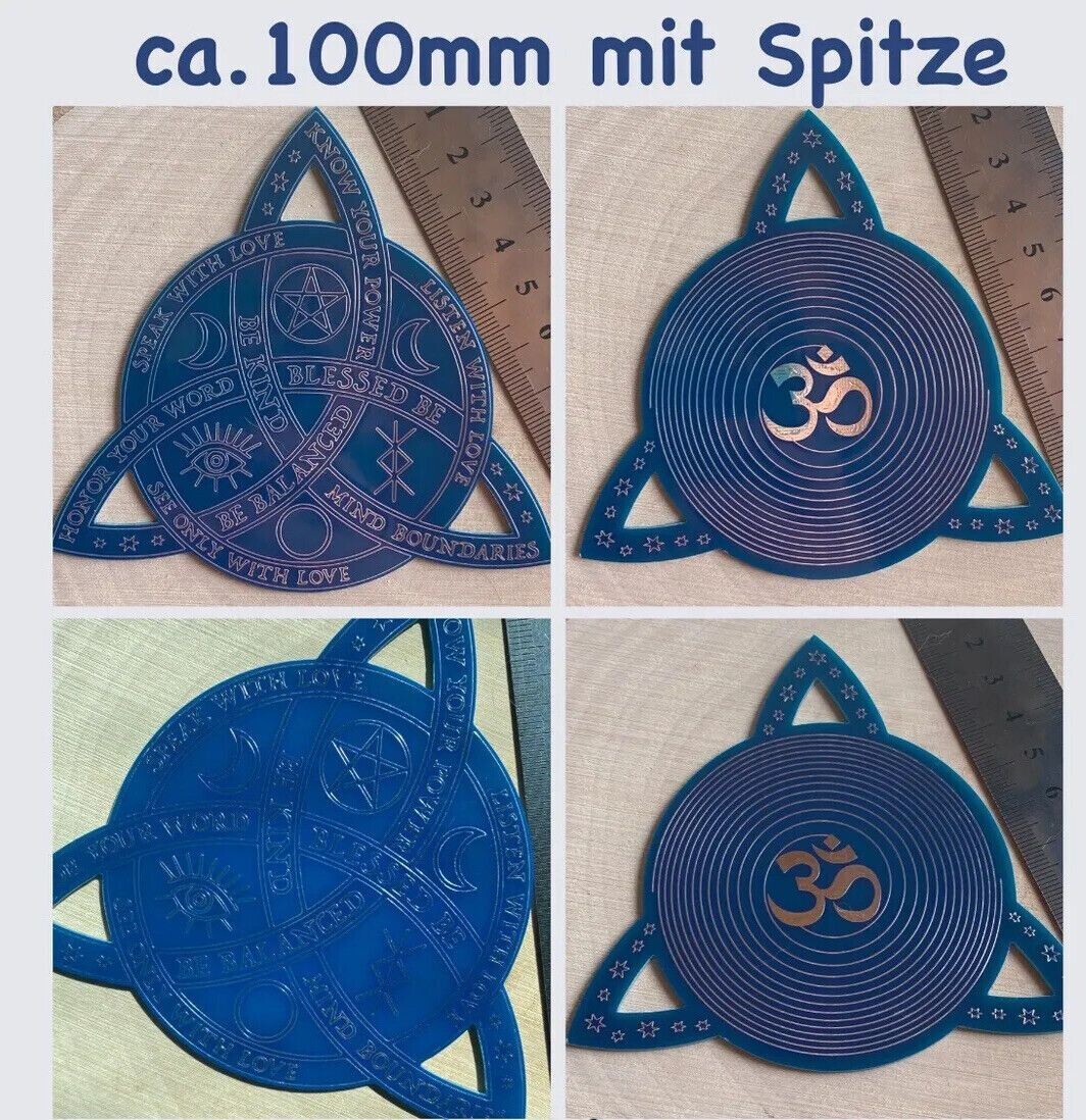 100 mm Disc -  Alchemy Wicca Mystik Scheibe mit dem OM und der Bifilar Spule (fermatsche Antenne), doppelseitig, Kupfer unterlegt, Zinn legiert, meeresblau