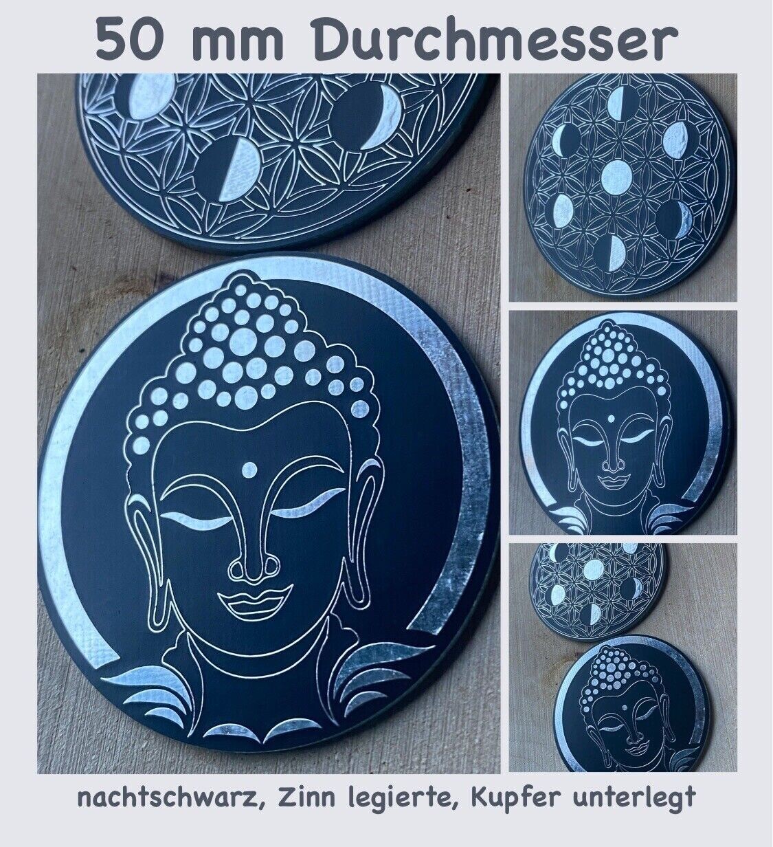 50 mm Disc -  2 Stück im Set - Buddha Kopf vereint mit den Mondphasen eingearbeitet in die Blume des Lebens, doppelseitig, schwarz, Zinn legiert, Kupfer unterlegt