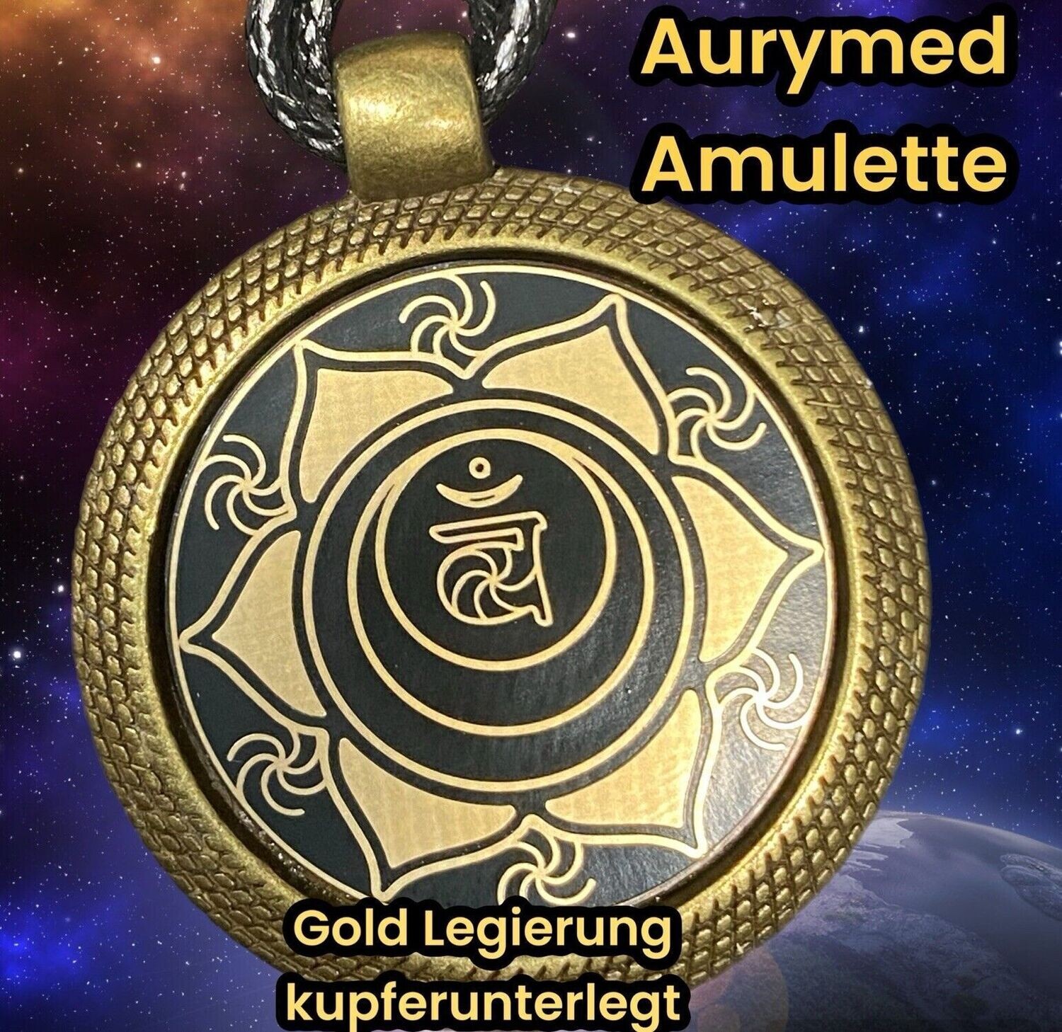 Amulette -Chakremy, Sakral Chakra, nachtschwarzer ca. 25 mm großer Coin mit Goldlegierung in eine bronzefarbende Fassung eingearbeitet, Kupfer unterlegt