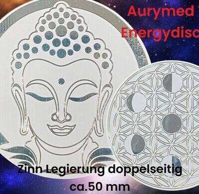 50 mm Disc -  2 Stück im Set - Buddha Kopf vereint mit den Mondphasen eingearbeitet in die Blume des Lebens, doppelseitig, weiss, Zinn legiert, Kupfer unterlegt