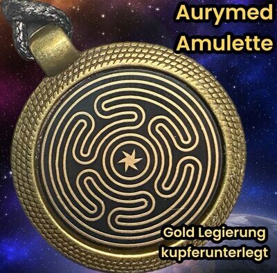 Amulette - Hekathe Wheel der heiligen Geometrie als nachtschwarzer ca. 25 mm großer Coin mit Goldlegierung in eine bronzefarbende Fassung eingearbeitet, Kupfer unterlegt