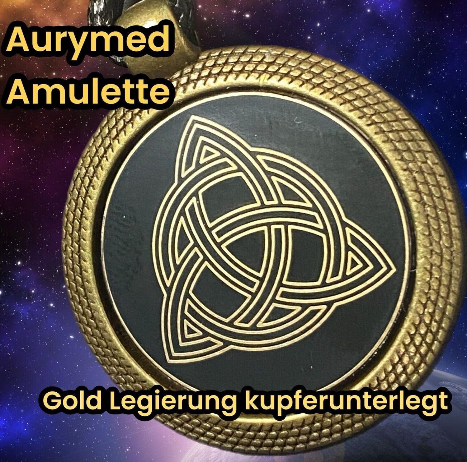 Amulette - keltischer Knoten Unendlichkeitsknoten als nachtschwarzer ca. 25 mm großer Coin mit Goldlegierung in eine bronzefarbende Fassung eingearbeitet, Kupfer unterlegt