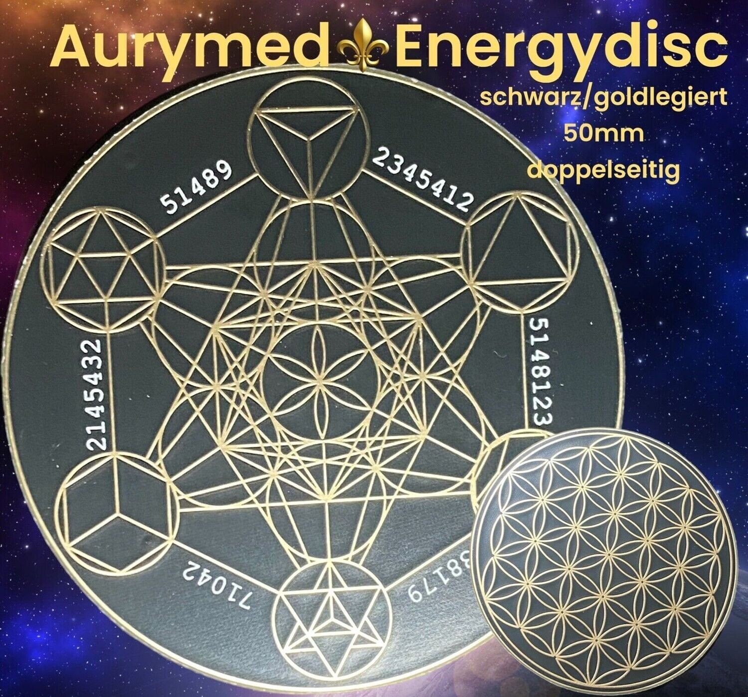 50 mm Disc -  2 Stück im Set - Metatron mit den platonischen Körpern integriert trifft die Blume des Lebens, doppelseitig, schwarz, Gold legiert, Kupfer unterlegt