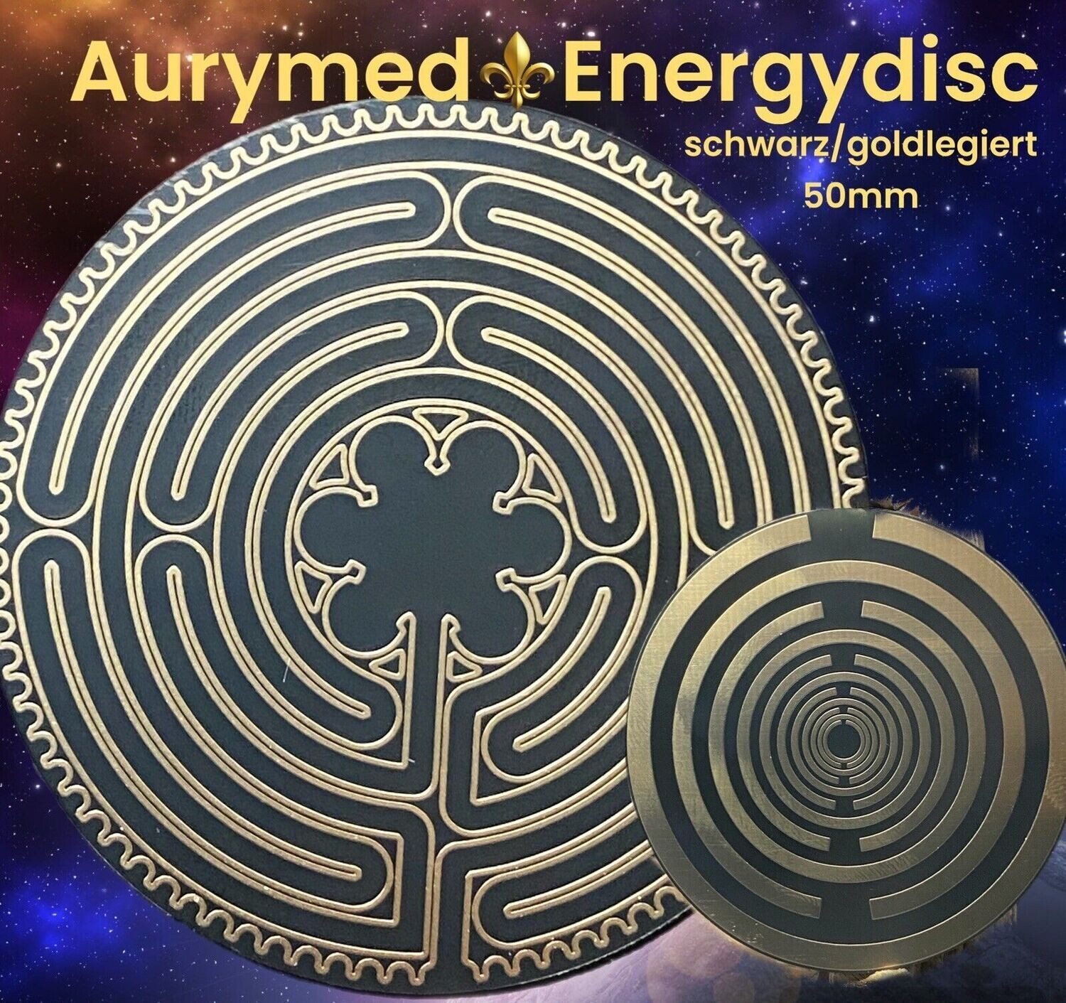 50 mm Disc -  2 Stück im Set - Chartes Labyrinth - Lakhovsky MWO Oszillator Antennen Design, doppelseitig, nachtschwarz, GOLD legiert, Kupfer unterlegt