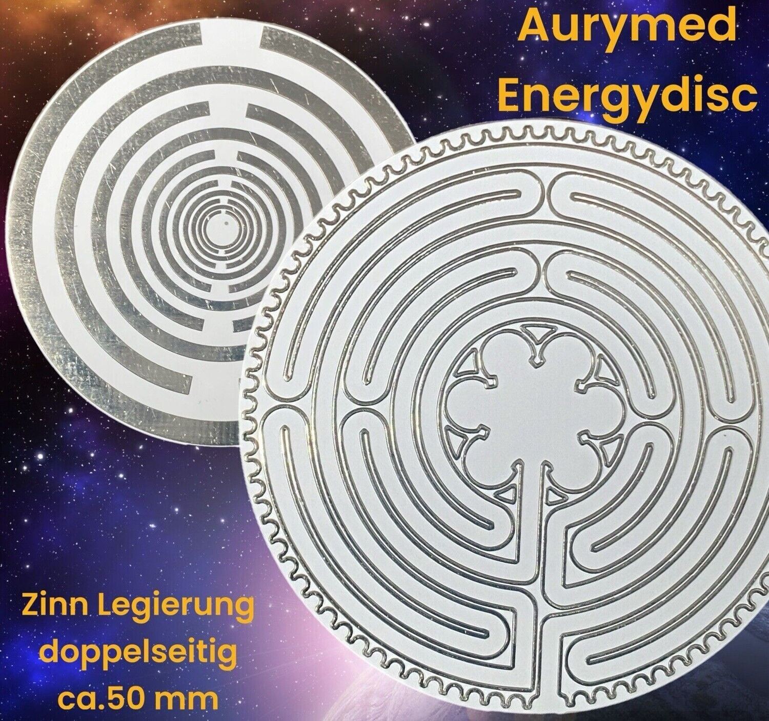 50 mm Disc -  2 Stück im Set - Chartes Labyrinth - Lakhovsky MWO Oszillator Antennen Design, doppelseitig, schneeweiß, Zinn legiert, Kupfer unterlegt