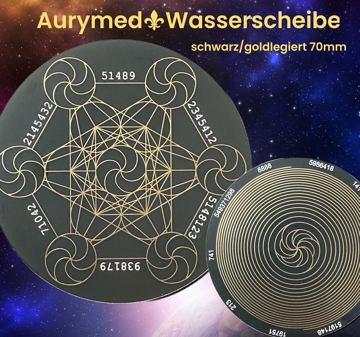 70 mm Disc - 2-er Set - Metatron mit seinen platonischen Körpern trifft Bifilar Spule (fermatsche Antenne), doppelseitig, Gold legiert, Kupfer unterlegt, nachtschwarz