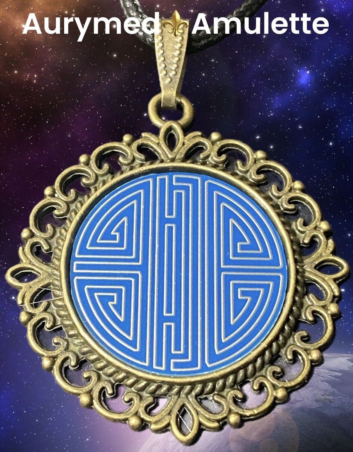 Amulette - bronzefarbend, chinesische Shou Symbolik Disc in blau  mit ca.25 mm Durchmesser, Disc Zinn legiert, Kupfer unterlegt
