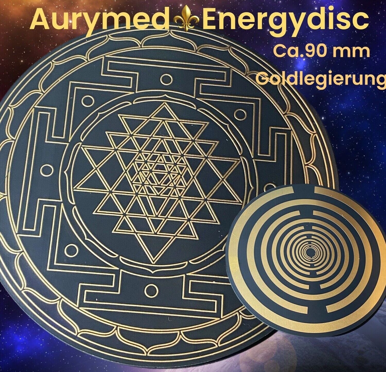 94 mm Disc - 2-er Set - das Sri Yantra Symbol der heiligen Geometrie vereint mit der Lakhovsky MWO Oszillator Schwingkreis Design Antenne, doppelseitig, Gold legiert, Kupfer unterlegt, nachtschwarz