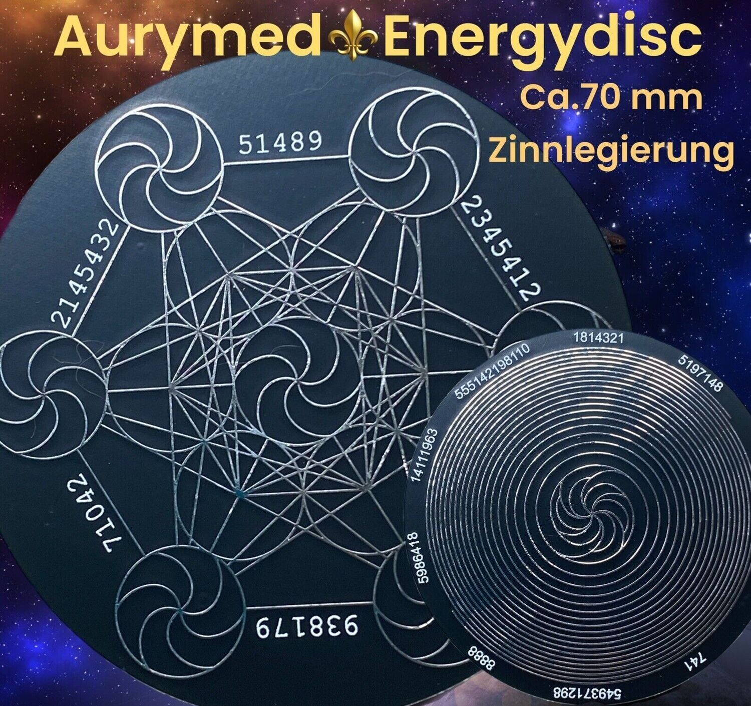 70 mm Disc - 2-er Set - Metatron mit seinen platonischen Körpern trifft Bifilar Spule (fermatsche Antenne), doppelseitig, Zinn legiert, Kupfer unterlegt,schwarz