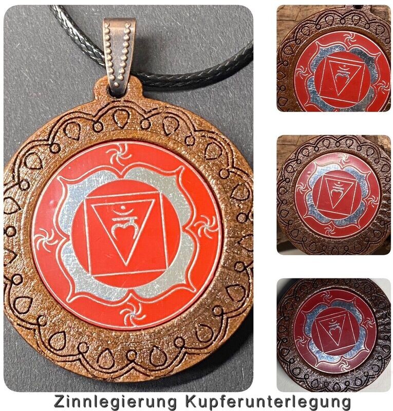 Amulette - Chakremy, Holzart, Wurzel Chakra, Disc in rot mit ca.25 mm Durchmesser, Disc Zinn legiert, Kupfer unterlegt Amulette - Chakremy, Holzart, Wurzel Chakra, Disc in rot mit ca.25 mm Durchmesser, Disc Zinn legiert, Kupfer unterlegt