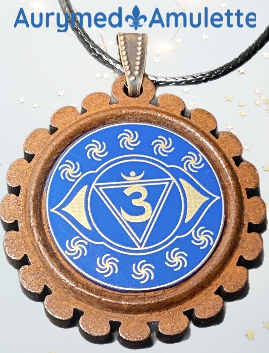 Amulette - Chakremy, Holzart, Stirnen Chakra, Disc in blau mit ca.25 mm Durchmesser, Disc Gold legiert, Kupfer unterlegt
