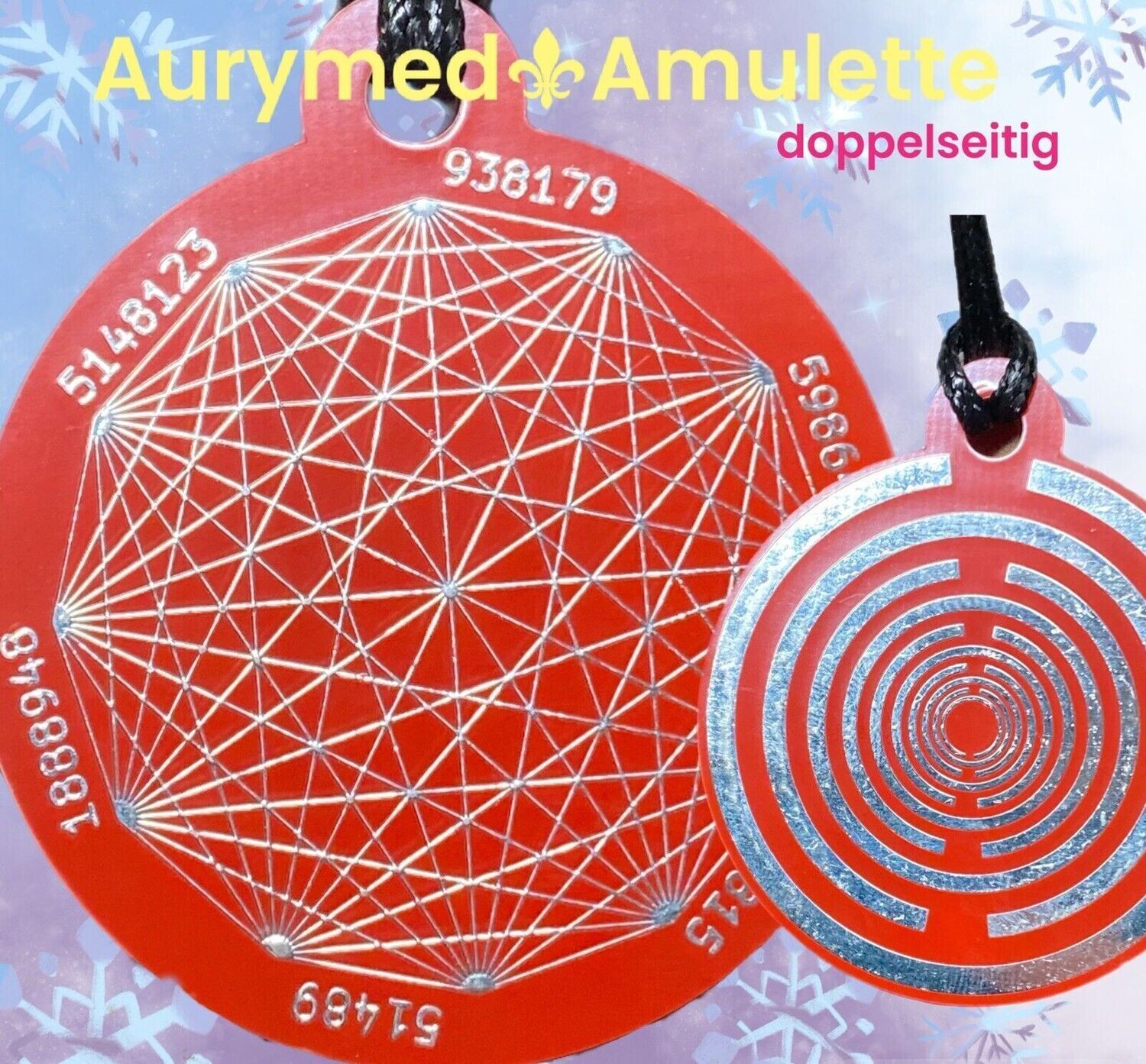 Amulette - Disc ca. 48x58 mm, doppelseitig, Dodecagram  und Lakhovsyk Symbol MWO Antenne, rot, Zinn legiert, Kupfer unterlegt