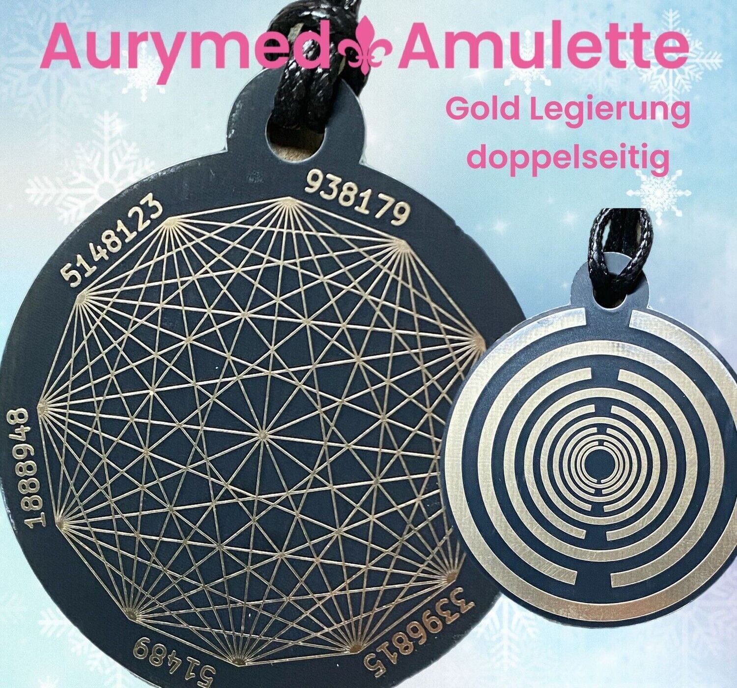 Amulette - Disc ca. 48x58 mm, doppelseitig, Dodecagram und Lakhovsyk Symbol MWO Antenne, schwarz, Gold legiert, Kupfer unterlegt