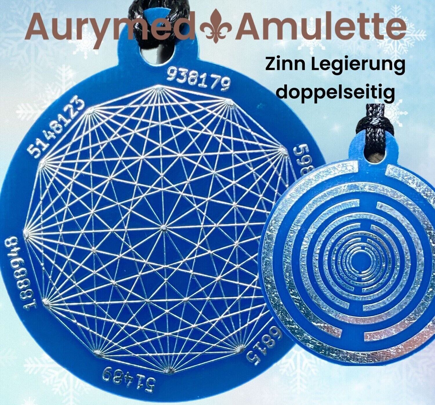 Amulette -  Disc ca. 48x58 mm, doppelseitig, Dodecagram und Lakhovsyk Symbol MWO Antenne, blau, Zinn legiert, Kupfer unterlegt