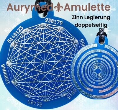 Amulette - Disc ca. 48x58 mm, doppelseitig, Dodecagram und Lakhovsyk Symbol MWO Antenne, blau, Zinn legiert, Kupfer unterlegt Amulette - Disc ca. 48x58 mm, doppelseitig, Dodecagram und Lakhovsyk Symbol MWO Antenne, blau, Zinn legiert, Kupfer unterlegt